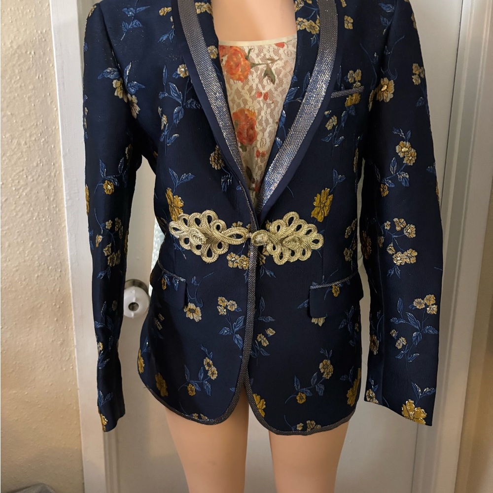 Biarelli Floral Embroidered Blazer with Gold Accents